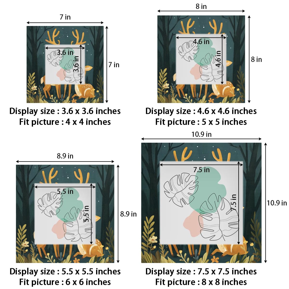 HMVFSZE Cartoon Deer 6x6 Square Picture Frame, 6x6 Wooden